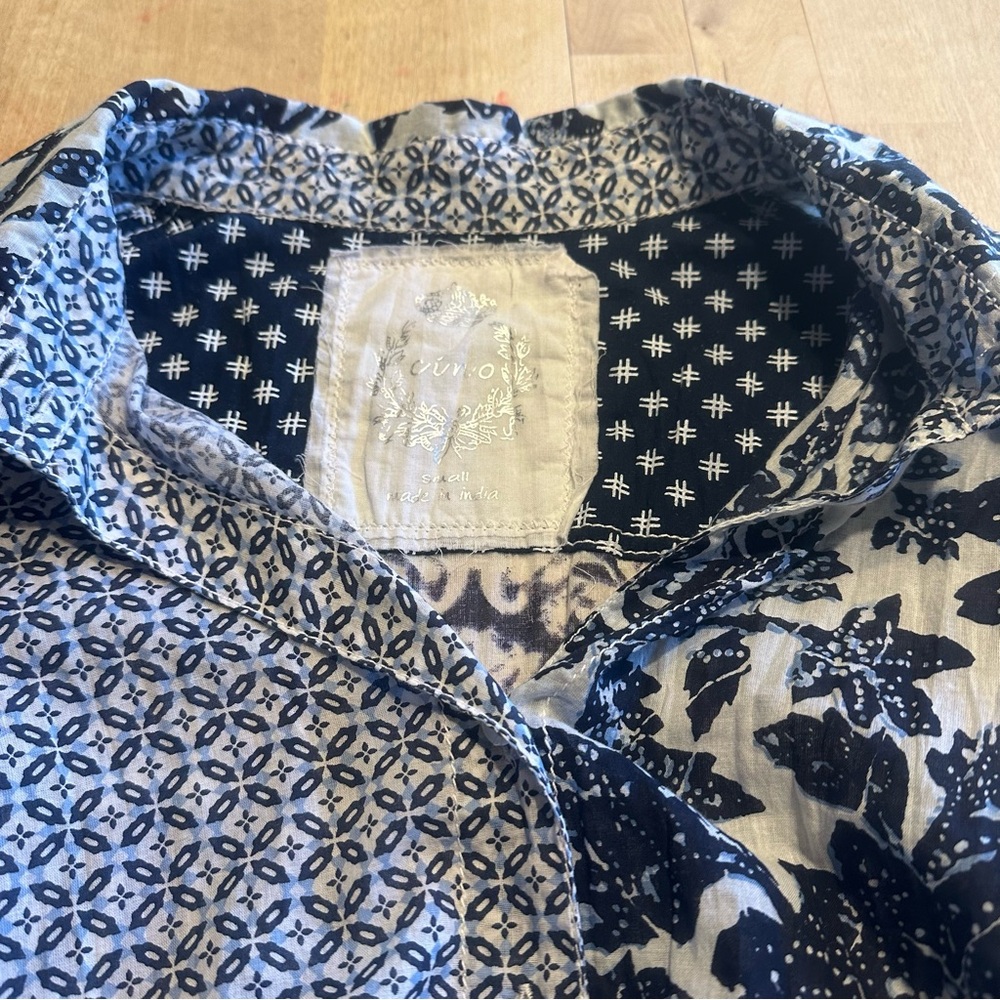 Cino Crinkle Cotton Blue Paisley Floral Batik print Roll Tab Sleeves - Picture 4 of 13